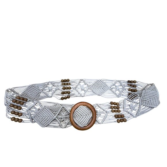 Vintage Tan Macrame Belt With Wooden Beads & Round Buckle Handmade Lightweight - Picture 1 of 5